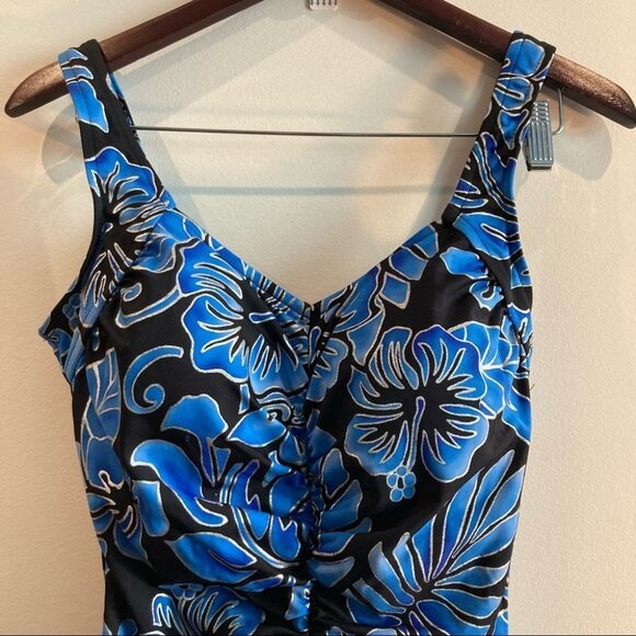 MAXINE OF HOLLYWOOD Sz 16 One Piece Hawaiian Floral  Modest Ruched Swimsuit - Picture 2 of 9